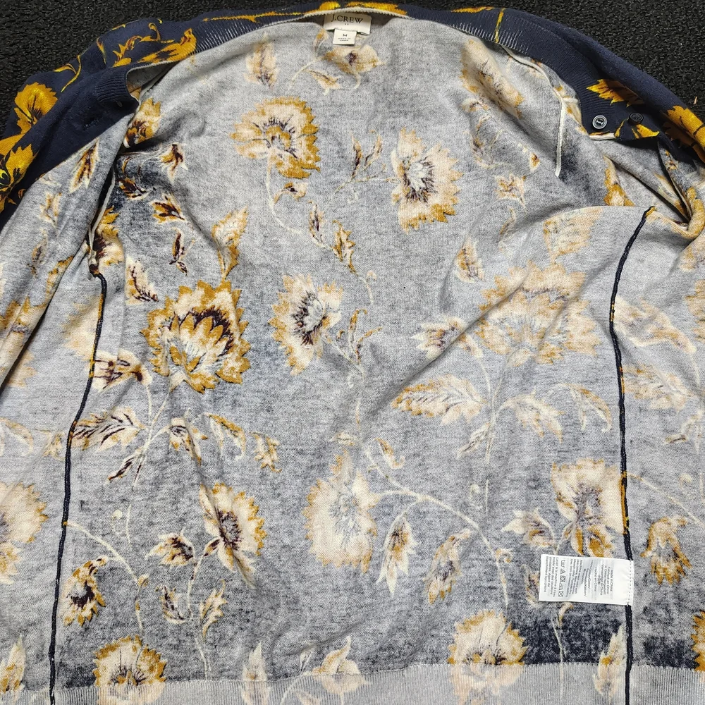 JCrew Blue Yellow Floral Sunflower Lightweight Cardigan Sweater Women's Medium